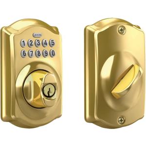 Schlage Camelot Electronic Keypad Deadbolt Lock, Keyless Front Door Entry, Mechanical Key Backup Included, Bright Brass, BE365 CAM 505