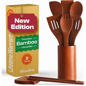 Riveira Premium Brown Bamboo Wooden Spoons for Cooking Set of 9  Premium Brown Bamboo Wooden Cooking Utensils, Wooden Spatula, Wooden Spoon - Premium Quality Wooden Utensil Set for Non-Toxic Cooking