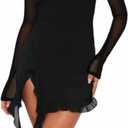 Doweha Women's Sexy Bell Long Sleeve Ruffle Slit Mini Mesh Dress Summer V Neck Backless Bodycon Short Party Cocktail Dress (Black), XL