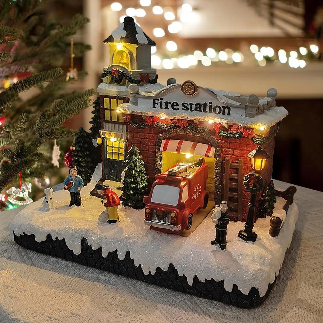 Resin Christmas Village Building, Fire Station with LED Lights & Multiple Music Tracks, Collectible Buildings Decoration with Snow, Indoor Home & Desktop Holiday Gift (10" H x 11" W x 7.5" D)