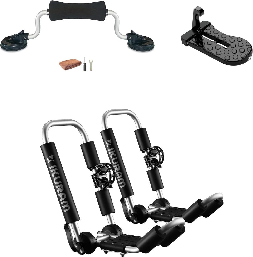 Kayak Roof Rack, Aluminum Kayak Carrier Folding J-Style Universal 3-in-1 Multifunction with Kayak Roller and Car Door Step for Canoe, SUP, Kayaks, Surfboard Rooftop Mount on SUV Car Truck Crossbars