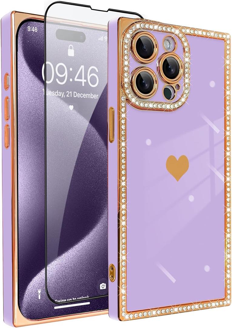 for iPhone 15 Pro Case Cute Love Heart Plating for Women, with Screen Protector, Glitter Sparkle Rhinestone Diamond Border Design Slim Rectangle Wireless Protection Case Cover, Purple