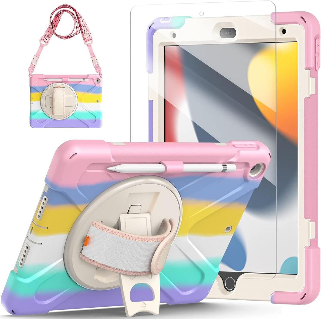 TSQQST iPad 9th 8th 7th Generation Case for Kids Girls 2021 2020 2019 | iPad Case 10.2 Inch Pink Colorful Cute w/Pencil Holder Screen Protector Stand Hand Shoulder Strap for iPad 9th/8th/7th Gen