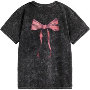 Verdusa Women's Grunge Washed Bow Tops Streetwear Short Sleeve Going Out Summer Tee Shirts (Black, M)