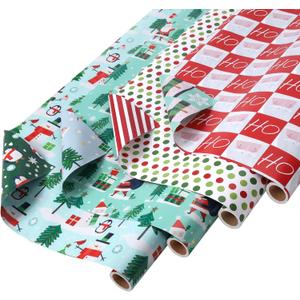 LaRibbons Christmas Wrapping Paper Set, Design with Red Stripe/Santa/Snowflake, Including Gift Tags, Ribbons and Jute Twine, for Xmas, Holiday, 17Inch  10Feet (4 Rolls: 56.68sq.ft.ttl) (Christmas-Snowman&Penguin)