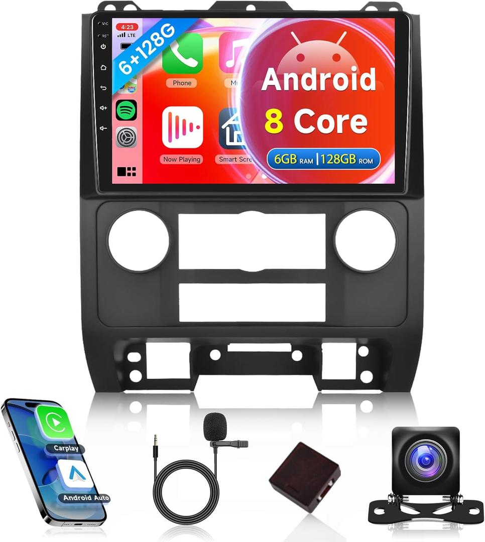 8Core 6G+128G Car Radio for Ford Escape 2007-2012/Mazda Tribute 2007-2012, Rimoody Android 15 Car Stereo Carplay Android auto 9 Inch Touch Screen GPS Navigation WiFi DSP Bluetooth FM + Backup Camera