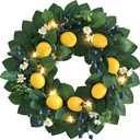 18" Spring Summer Wreaths for Front Door, Artificial Lemon Wreath with LED Star Lights & Timer,Berries & Greenery, Indoor & Outdoor Farmhouse Home Decor (Yellow)