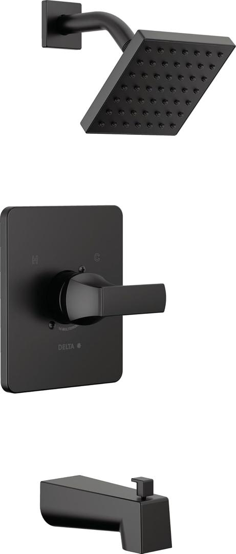 Delta Velum 14 Series Square Bathtub and Shower Faucet Set, Matte Black Shower Head and Handle Set, Valve Trim Kit, Matte Black T14437-BL (Valve Not Included)
