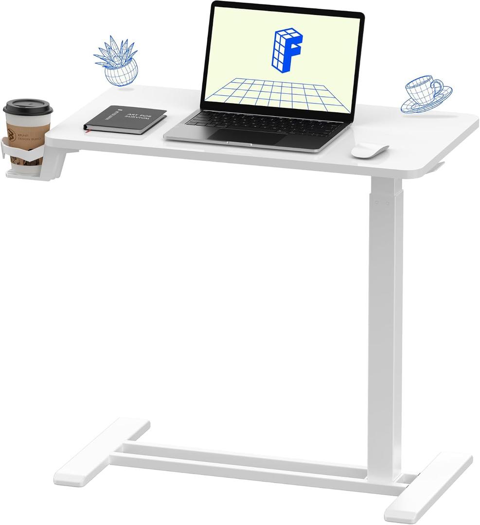 FLEXISPOT H7 Adjustable Overbed Bedside Table with Wheels Pneumatic Mobile Standing Desk Laptop Desk Rolling Computer Cart Movable Overbed Table Hospital Home Use(27.6" W x 15.7" D, White)