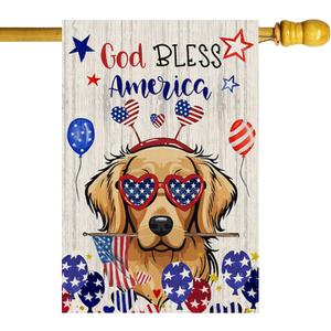 God Bless America Wood Cute Dog Balloons Stars Patriotic America 4th of July Memorial Day Independence Day House Flag Large 28X40 Inch Big Vertical Double Sided Outside Yard Outdoor Outside Holiday Decoration
