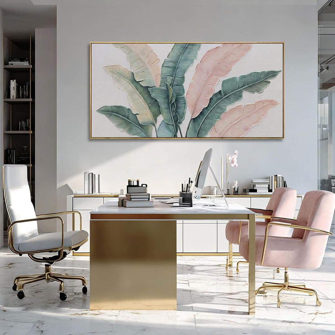 Green and Pink Tropical Leaf Wall Picture 29x58 Inch, Large Framed Artwork with Wooden Frame, Modern Botanical Home Accents for Bedroom Dining Room or Hallway