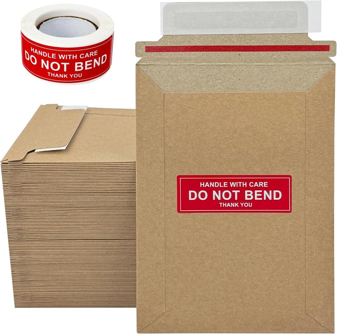 100 Pack 5x6.9" Cardboard Envelopes, 250GSM Thin Photo Mailers Shipping Envelope for Trading Cards with "DO NOT BEND" Labels, Small Self Seal Document Envelope - Kraft