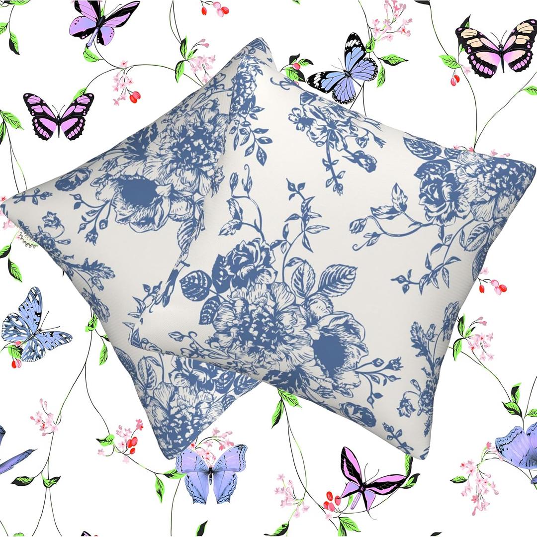 Vintage Sage Navy Blue Flower Decorative Throw Pillow Covers Outdoor Farmhouse Short Plush Decor Pillowcase for Home Sofa 18 x 18 Inch Set of 2 (Color-14)