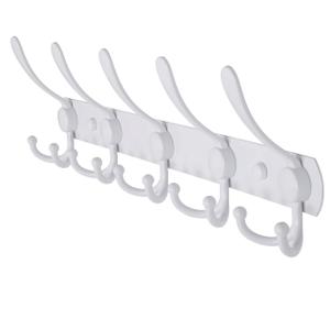 Dseap Coat Rack Wall Mount - 29.5” Long 8-Tri-Hooks Heavy Duty Coat Hanger Rail Wall Hooks for Hanging Coats Hats Clothing Clothes Purse Mudroom Entryway, White