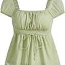 SOLY HUX Women's Square Neck Short Sleeve Peplum Tops Tie Front Summer Teen Girls Babydoll Top T Shirt (Green, XL)