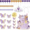 Knana 48PCS Purple Butterfly Cake Topper Set - Purple Balls, Crown, Butterfly, Pearl Bow & Gold Birthday Topper - Non-Edible Cake Decorations for Wedding, Baby Shower, Birthday Parties