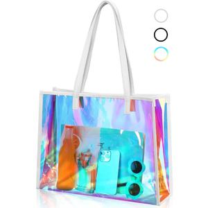 Aliceset Holographic Clear Tote Bag with Leather Handle Iridescent Bachelorette Beach Bag for Work Stadium Travel (White)