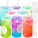 Joyclub 8pcs Glass Cups with Acrylic Lids and Straws 16 oz Can Shaped Glass Iced Coffee Cups with Lids and Straws, Cute Tumbler Cup Drinking Glasses for Smoothie Whiskey Boba Soda Tea Gift (Multicolor Light 8 Pack)
