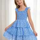 Cubear Girls Summer Floral Dress with Tiered Ruffle Skirt and Flutter Sleeves - Summer Smocked Sundress for Girls 9-13 Years (Blue)