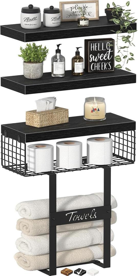Bathroom Shelves Over Toilet - Floating Shelf for Wall Above Toilet Towels Holder Small Farmhouse Decor Shelves (15.7 inch, Set of 3, Black)