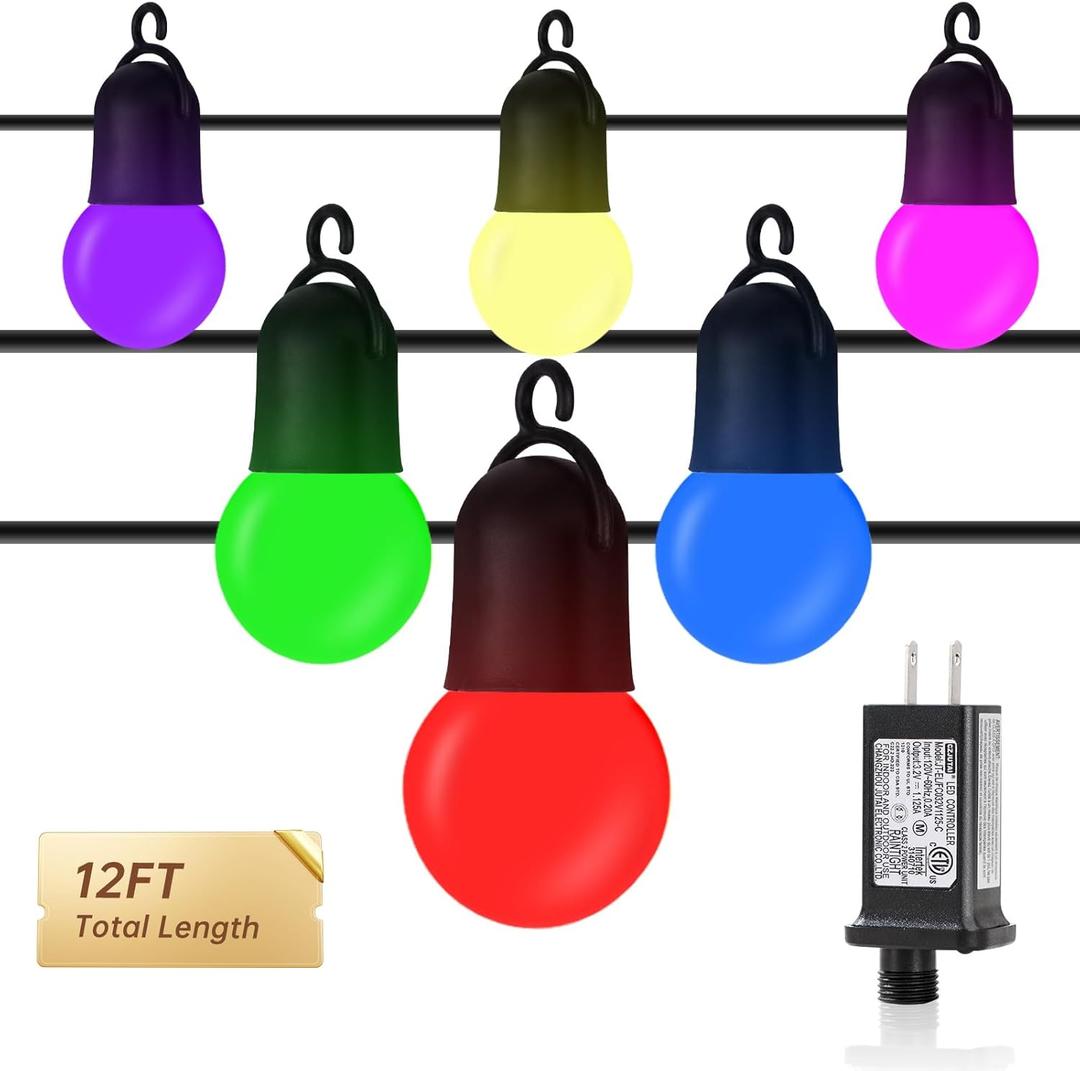 Outdoor String Light, 12FT Milky White LED 6 Colors Terrace Light Commercial Grade Waterproof with 12 Anti-Drop Bulbs for Fenced Garden House Party Tree Decoration