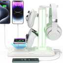 KDD RGB Headphone & Controller Stand with Wireless Charging - Rotatable Headset Stand with 9 Light Modes - Controller Holder with 2 USB and Type C Ports - for Gamers Desktop Accessories(White)
