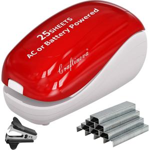 Craftinova Electric Stapler-Red,Including 2000 Staples and 1 Staple Remover, Suitable for Palm Size and high Comfort25 Sheet Capacity, AC Adapter or Battery Powered, Battery not Included