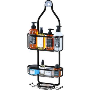 Kadolina Bathroom Hanging Shower Organizer, Over Head Shower Caddy Shower Storage Rack Basket with Hooks for Razor and Sponge Rustproof, Black [Patented] (Black)