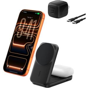 Belkin MagSafe Charger, Compatible 2-in-1 Charging Station, Qi2.2 25W Magnetic Wireless Charger iPhone, Foldable Stand, with 5W USB-C Port, for iPhone 17/16/15, Pixel 10, AirPods, 45W Adapter Included