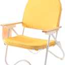 Padded Low Beach Chair, 4-Position Folding Outdoor Chair with Wooden Armrests, Cushioned Seat, Storage Pouch & Carry Strap for Beach, Patio and Lawn, Harbour Mimosa