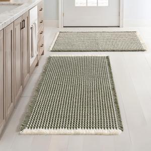 MIULEE Set of 2 Waffle Bathroom Rugs, Boho Bath Rugs Non Slip Washable, Super Absorbent Bath Mats, Ultra Soft Rubber Backed Shower Mats for Bathroom Floor, Tub, Green & Cream, 18x30 Inch