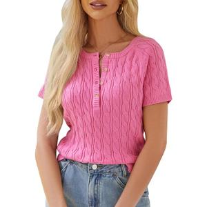 YKR Women's Short Sleeve Cable Knit Textured Henley Shirt Casual Summer Crew Neck Button Down Sweater (Pink, Large)
