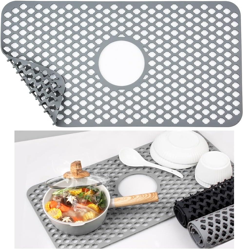 Silicone Sink Base Mat with Open Center, Anti-Skid Drain Protector Grid for Heat Exposure and Utensil Safety