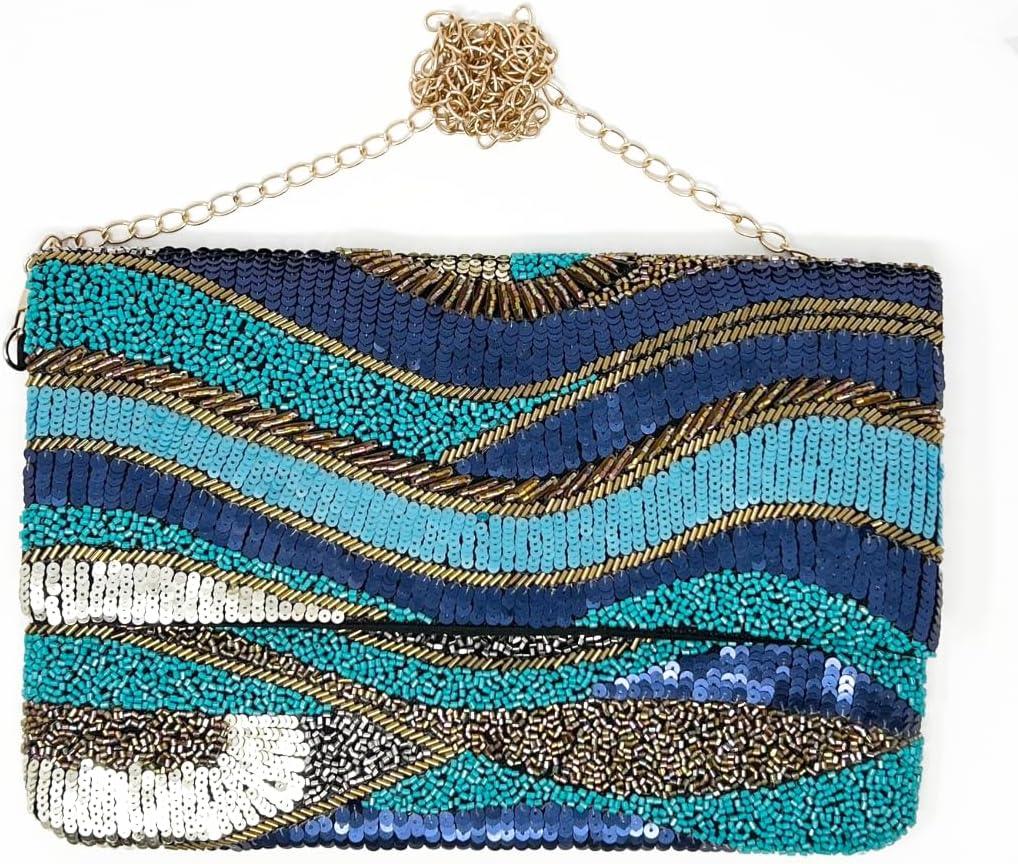 Makin' Waves Women's Blue & Gold Beaded Clutch, 12 x 8 inches