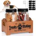 Dog Treat Container Dog Food Container for Dog Food Storage, Farmhouse Cat Food Container Pet Food Storage Organizer, Wood Dog Treat Holder with 2 Plastic Cat Dog Treat Jars, Brown Cat Treat Container
