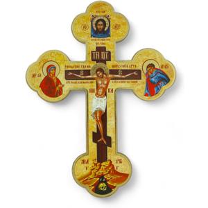 BlessedMart Ukrainian Orthodox Wall Cross - Wooden Byzantine Crucifix with Theotokos and St John for Home Altar - 8 Inch