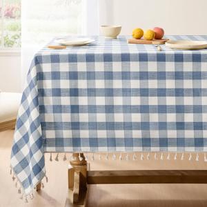 Softalker Checkered Tablecloth Rectangle, Outdoor Linen Cotton Gingham Table Cloth with Tassel, Heavy Duty Wrinkle Free Buffalo Plaid Table Cover for Kitchen Dining Summer Party - 55 x 120 Inch, Blue