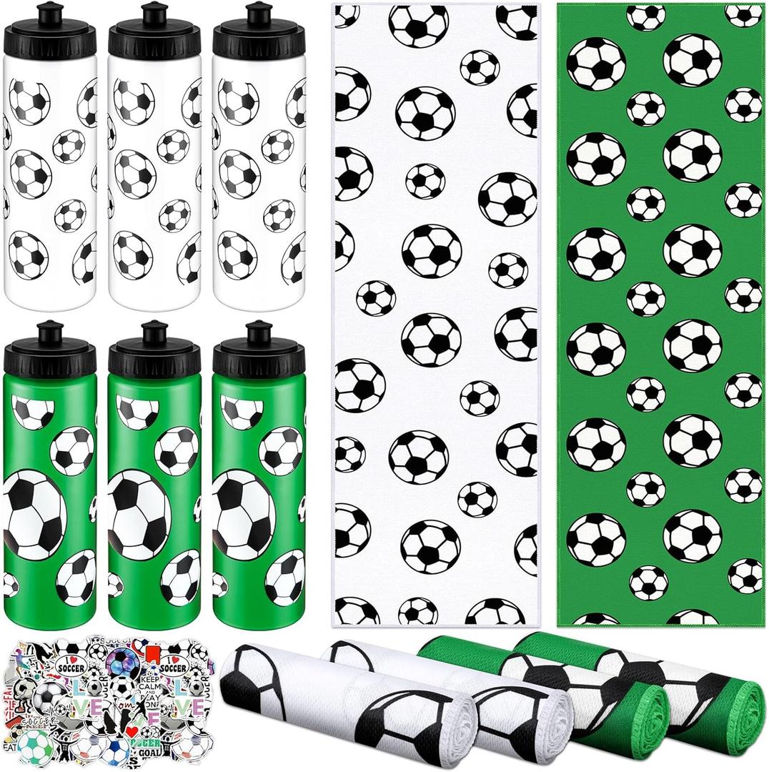 12 Pcs Soccer Water Bottle Soccer Cooling Towel Set with 50 Sticker Sports Party Favors Include 6 Reusable Sports Squeeze Water Bottle 6 Ice Towel Breathable Fast Drying for Team Gifts