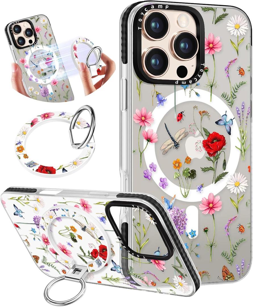 Toycamp for iPhone 16 Pro Max Case Compatible with Magsafe - Cute Design 360 Magnetic Ring Holder Stand Kickstand Funny Garden Girly Pretty Fashion TPU Phone Covers for Women Tenn Girls