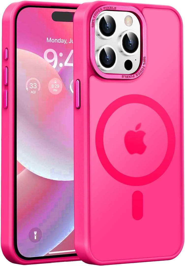 Newfuture Upgraded Magnetic for iPhone 15 Pro Max Case [Compatible with Magsafe] [Mil-Grade Protection], Pocket-Friendly, Slim Translucent Phone Case Cover for iPhone 15 Pro Max 6.7", Hot Pink