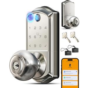 Veise VE018 Smart Knob Handle Lock - Fingerprint, App Control, Keyless Entry for Front Door and Bedroom, Electronic Digital Keypad, Auto Lock, Remote Access Sharing, IP55 Weatherproof, Satin Nickel