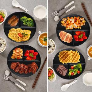 (5 Pack) Portion Control Plate for Balanced Eating, 9" Unbreakable Divided Plates,3 Compartment Round Plates, Reusable Plastic Plates, BPA Free for Kids Adults Bariatric Diet (Black) (Black - 5PACK-9IN)