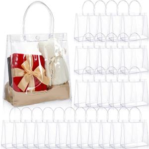 Saintrygo 80 Pcs Clear Plastic Gift Bags with Handles Small Transparent PVC Reusable Tote Gift Bags for Shopping Wedding Favor(7.9 x 7.9 x 3.2 Inch) (1 Count (Pack of 80))
