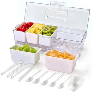 Luckore Chilled Condiment Caddy Server with 5 Removable Compartments Containers & Hidden Handle Design, Ice Chilled Condiment Tray Organizer, Clear Garnish Tray for Camping, Kitchen, Fruit, Salad (1 Pack)
