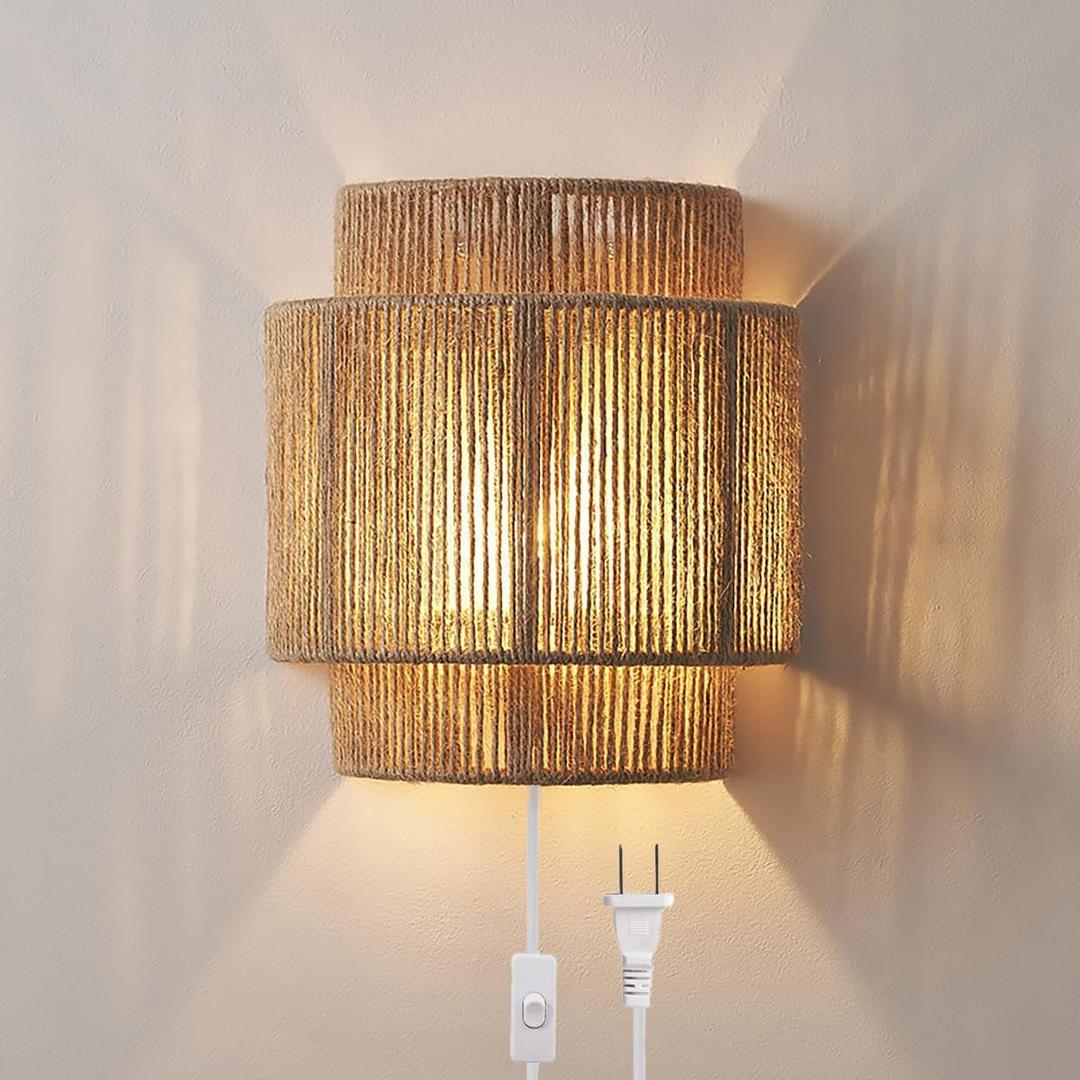 MIXL- Boho Rattan Wall Lights,Plug-in Wall Sconces with Hand Woven Hemp Rope Shade, Rustic Home Decor Light Fixture Indoor for Living Room Bedroom Stairway