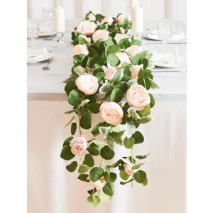 MISSPIN 2pcs Artificial Flowers Garland Spring Eucalyptus Garland Vintage Fake Flower Peony Rose Vine Greenery Decorative Wall Hanging Plant for Wedding Arch Door Arrangement Party Decor (Pink,2)