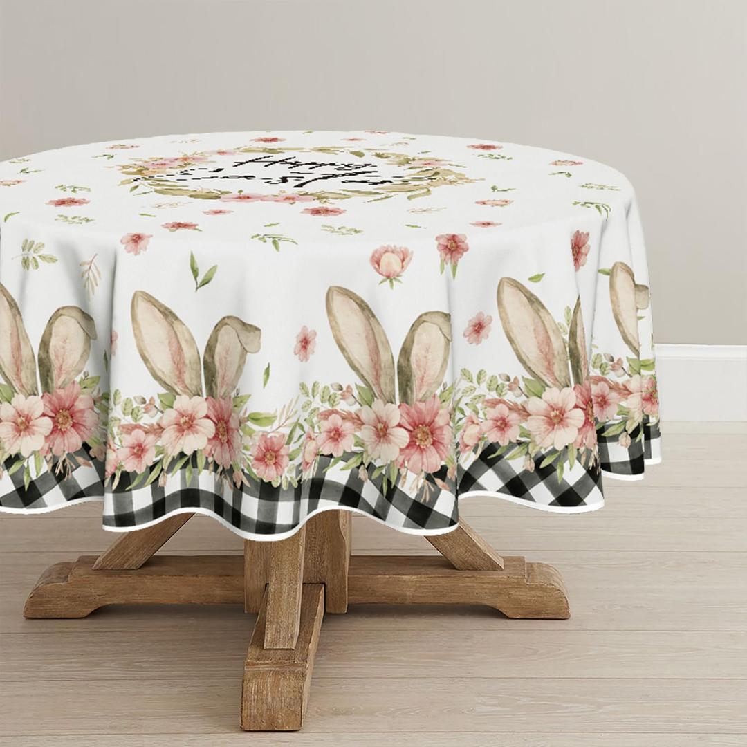 Horaldaily Easter Tablecloth 9090 Inch Round, Spring Flower Buffalo Plaid Bunny Ear Washable Seasonal Table Cover for Party Picnic Dinner Decor
