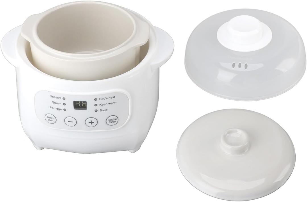 Small Electric Stew Pot 1L 200W with Ceramic Liner, 24 Hour Appointment,Slow Cooker for Porridge, Soup, Rice,Multifunctional Fully Automatic Home Stew Pot,White