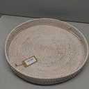 JUNGLE CULTURE Large Rattan Serving Tray 14" in Whitewash  Round Table Basket  Wicker Ottoman Trays with Handles for Coffee Table, Bed Side or Couch  Flat Circle Woven Tray  Boho Farmhouse Decor (13.9")