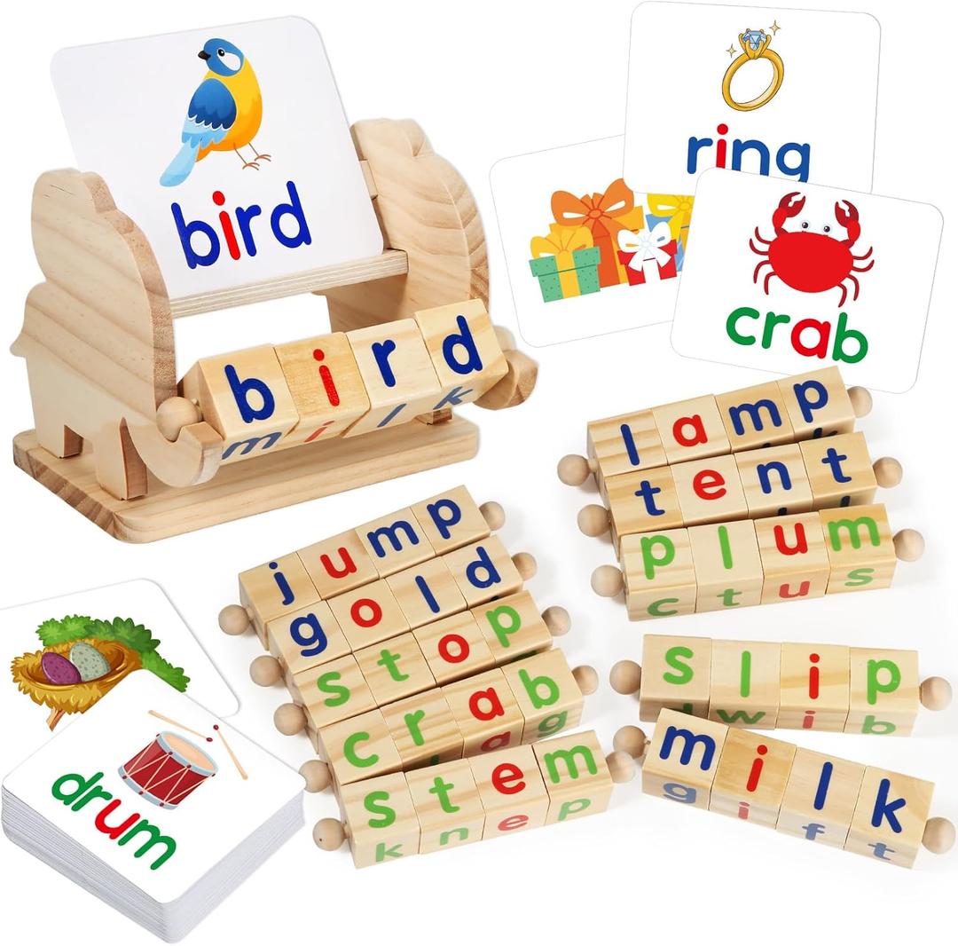 ShyLizard Montessori Learning and Educational Toys Gifts for Kids 3 4 5 Years, Wooden Reading Blocks Toys, Preschool Kindergarten Learning Activities, Turning Rotating Matching Flash Card Games